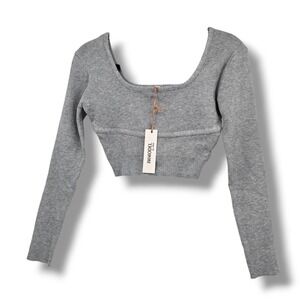 New Immodel Grey Ribbed Square Neck Long Sleeve Cropped Sweater Top M